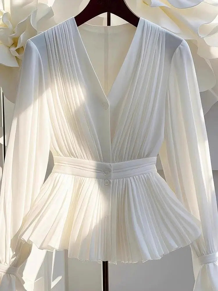 Youth Pleated White Long Sleeve Button Up Shirt V Neck Ruffle Tunic Basic Blouse Chiffon Lady Office