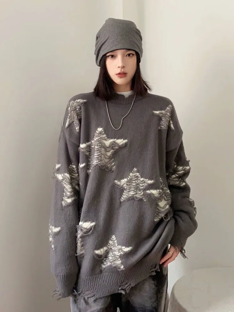 Star Hollow Out Sweater Autumn Winter Oversized Harajuku Pullover Punk Grunge Goth Hip Hop Tops Clothes