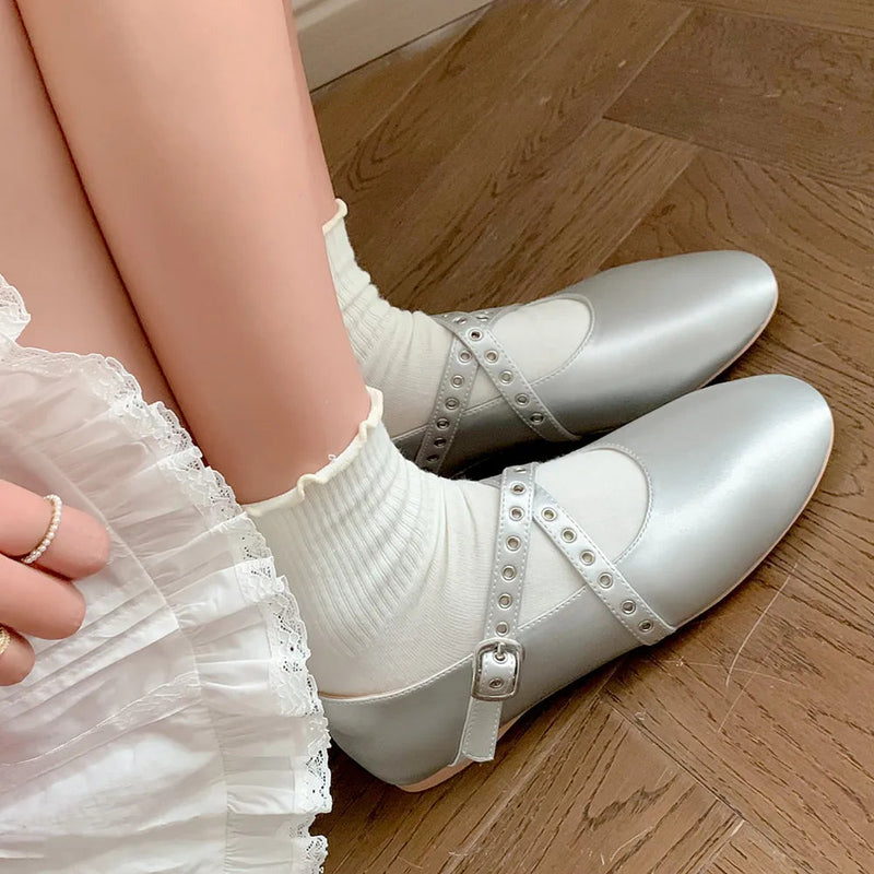 Spring Summer New Flats Genuine Leather Ballet Flats Round Toe Buckle Strap Comfortable Shoes Woman Concise