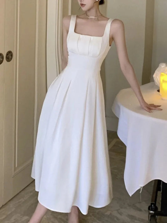 Summer Spring Dresses French Spaghetti Strap Sleeveless Princess Evening Party Midi Dress Slim Waist Vestidos Robe