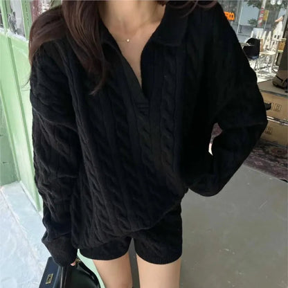 Korean Twopiece Set Vneck Loose Pullover Sweater Top Shorts Outfits Autumn New Suit Female Clothing