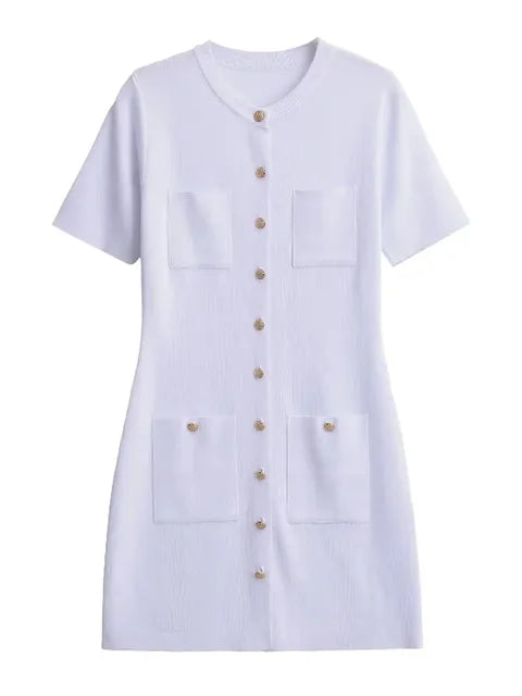 Pocket Knit Female Mini Dress Autumn Ribbed High Waist Patchwork Party Dress Knitwear Cardigan Dress