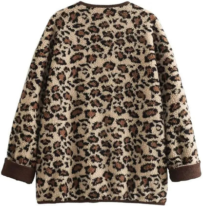 New Leopard Fuzzy Fleece Jacket Long Sleeve Open Front Coats Lightweight Outerwear With Pocket Thermal Top Jacket
