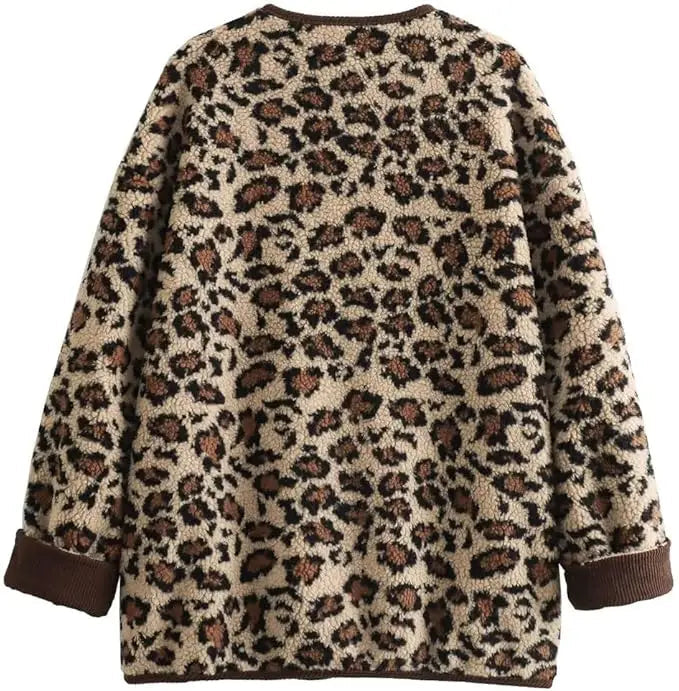 New Leopard Fuzzy Fleece Jacket Long Sleeve Open Front Coats Lightweight Outerwear With Pocket Thermal Top Jacket