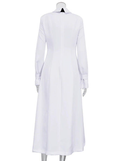 Side Slit Long Dress for White Turn Collar Tie Midi Dresses Femme New Street Loose Slender Dress Woman