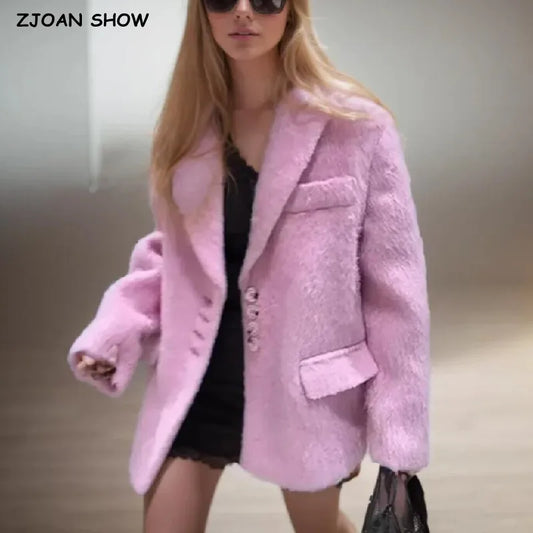 Long Hairy Shaggy Blazer Boyfriend Front Pockets Loose Oversized Suit Coat Pink 4 Colors