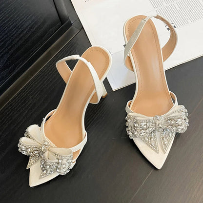 Crystal Rhinestone Bowknot Pointed Open Toe Back Strap Sandals Pink High Heels Wedding Prom Shoes Size 3541