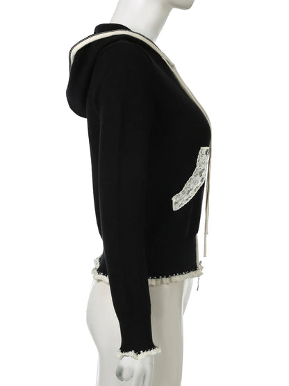 Lace Trim Pocket Patchwork Drawstring Hooded Slightly Thick Coat Y2k Zip Up Slim Sweater Autumn Winter Clothes