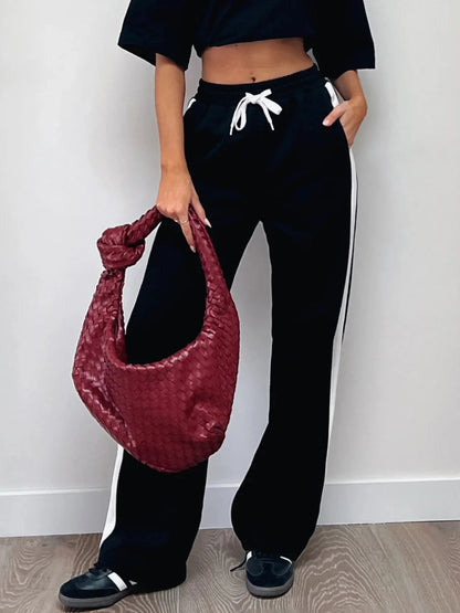 Gray Drawstring Elastic High Waist Sweatpants Side Stripe Contrast Patchwork Black Loose Jogging Track Pants