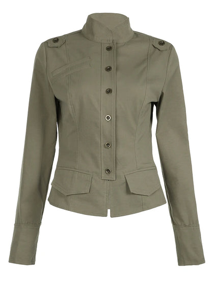 Retro Green Slim Cargo Jackets Button Up Stand Collar Long Sleeve Autumn Korean New Outwear