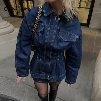 Street ’s Denim Jacket Lapel Full Sleeves Zipper Dark Blue Cinched Waist Jeans Coats Female Spring Lady Y2k Outwear