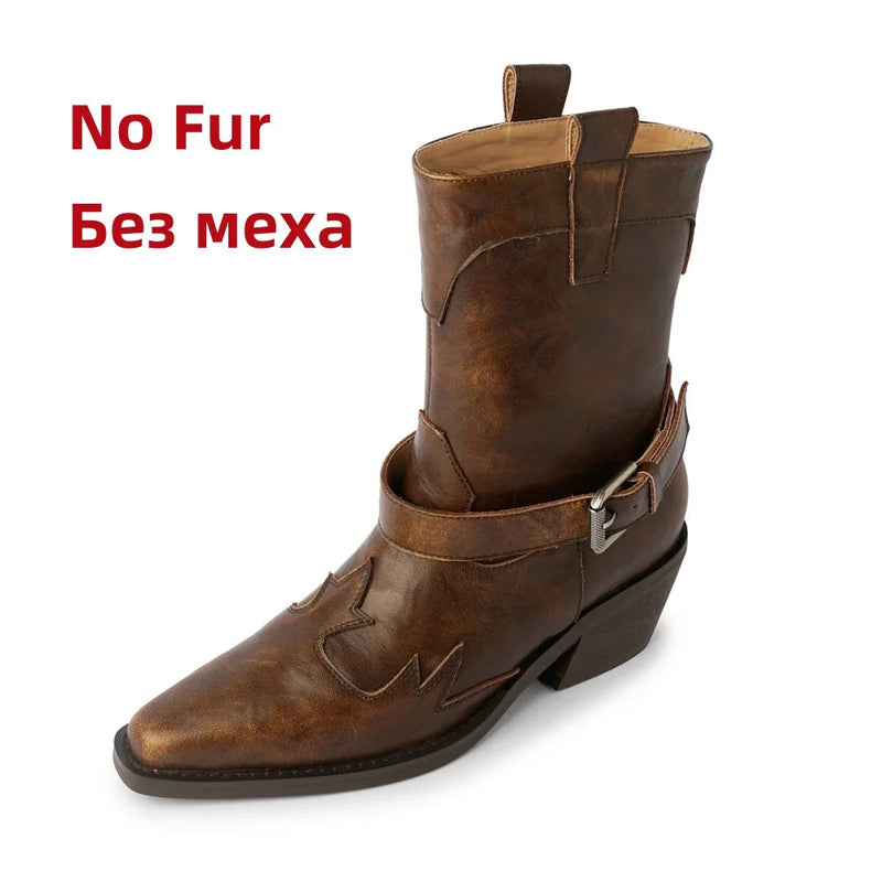 Ankle Boots Genuine Leather Chunky High Heels Shoes for Winter Western Cowboy Short Boots Shoes Woman