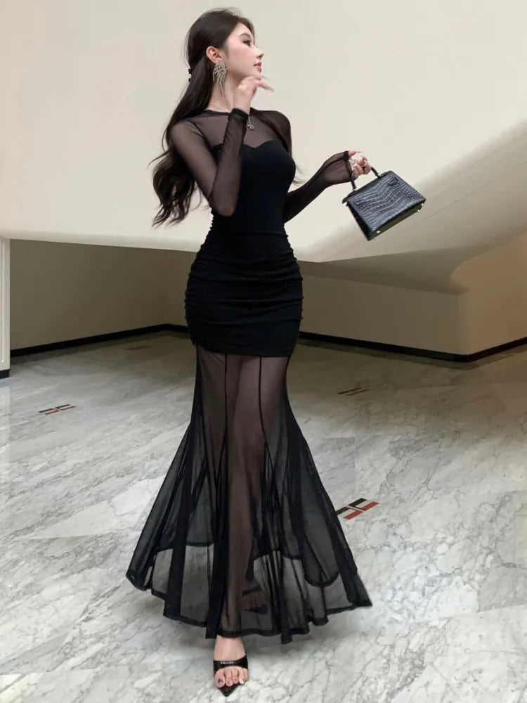 Mesh Maxi Dresses for Bodycon Long Sleeve Mermaid Evening Party Dress Prom Robe Black One Piece Vestidos Mujer New