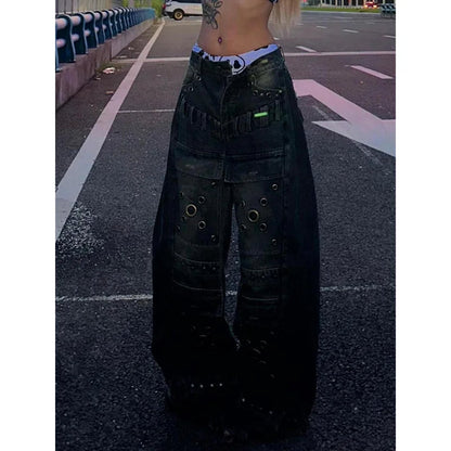 Blue High Waist Jeans Color Contrast American Wide Leg Jean Female Trouser Baggy Denim Pants