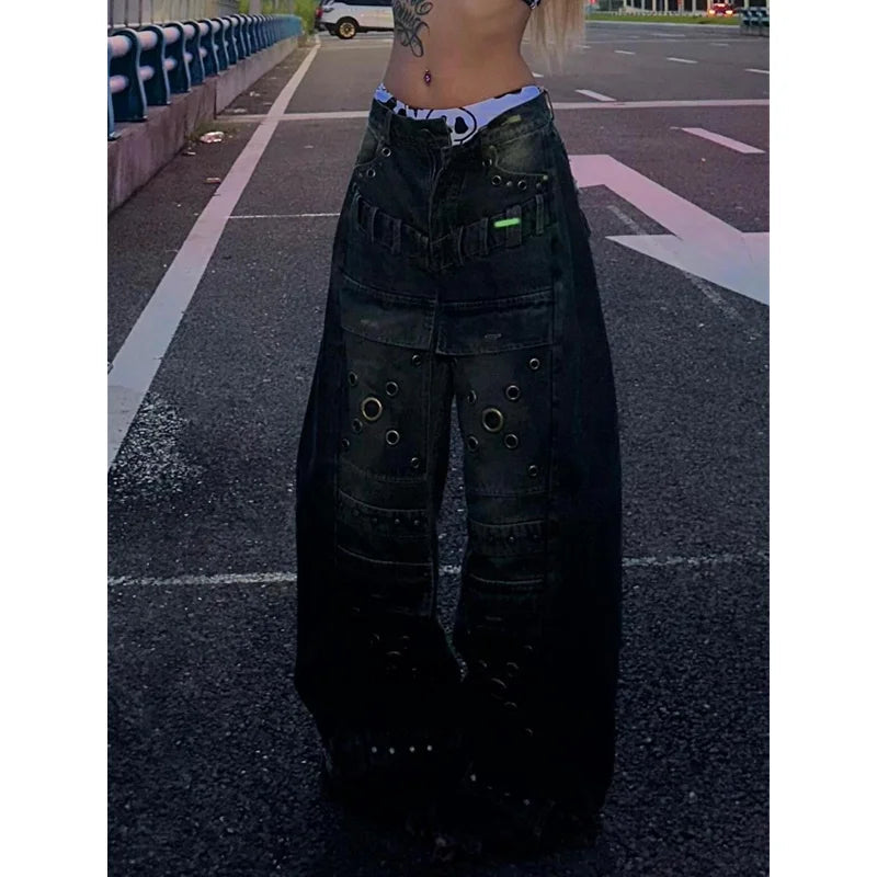 Blue High Waist Jeans Color Contrast American Wide Leg Jean Female Trouser Baggy Denim Pants