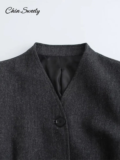 Single-breasted Blazer Coat Spring Long Lantern Sleeve Suit Jacket Female Office Lady Outerwear