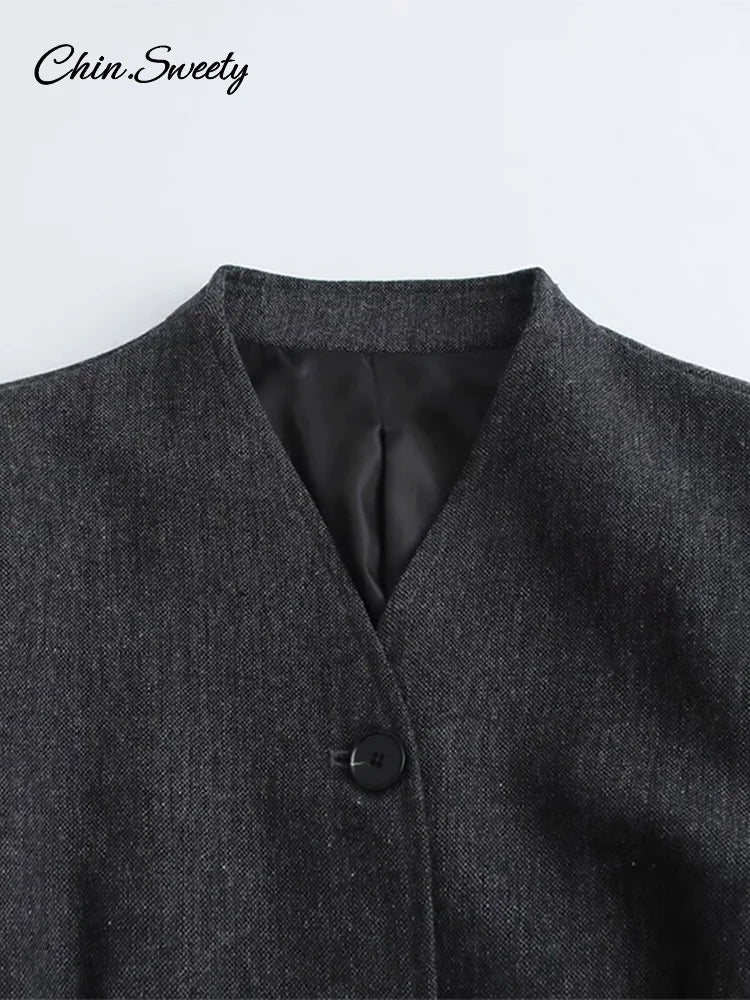 Single-breasted Blazer Coat Spring Long Lantern Sleeve Suit Jacket Female Office Lady Outerwear