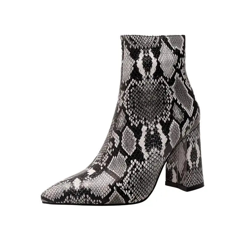 Snake Print Pu Leather Ankle Boots Zip Pointed Toe Footwear Block High Heels Female Boot Winter Party Shoes New 43