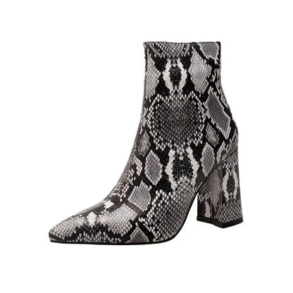 Snake Print Pu Leather Ankle Boots Zip Pointed Toe Footwear Block High Heels Female Boot Winter Party Shoes New 43