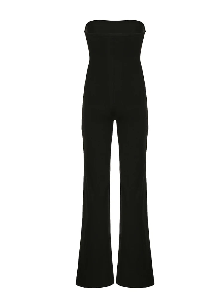 Black Strapless Long Jumpsuits for Slim Wide Leg Flared Rompers Simple Vacation Overalls