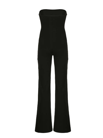 Black Strapless Long Jumpsuits for Slim Wide Leg Flared Rompers Simple Vacation Overalls