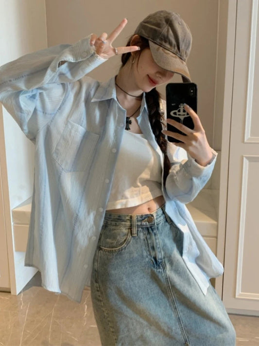Striped Shirts for Lace Patchwork Hollow Out Blouse Female Korean Summer Loose Cardigan