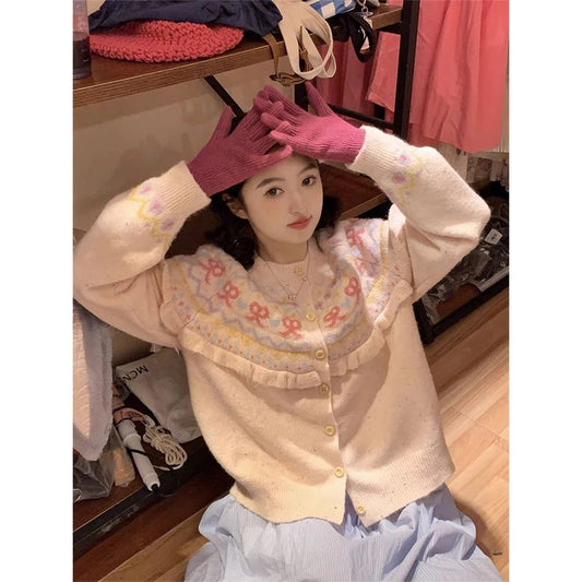 Kawaii Bow Pink Knitted Cardigan Print Patchwork Sweater Outerwear Korean Aesthetic Knitwear Long Sleeve Jumpers
