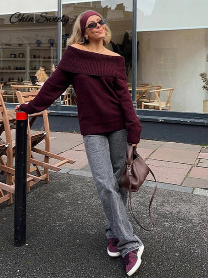 Burgundy Off Shoulder Sweater Knitted Long Sleeve Slim Fit Pullover Top Spring High Street Knitwear