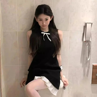 Mini Dresses Bow Patchwork Sleeveless Ruffles O Neck Sweet Party Dress Female Spring Summer