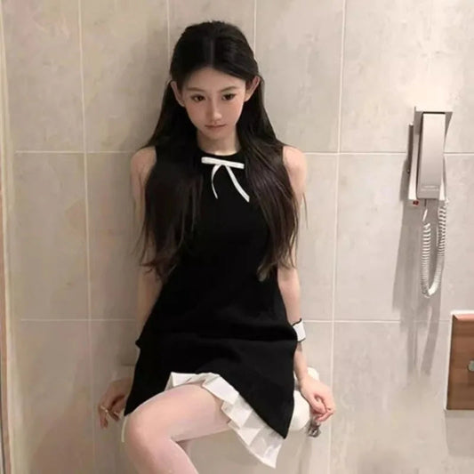 Mini Dresses Bow Patchwork Sleeveless Ruffles O Neck Sweet Party Dress Female Spring Summer