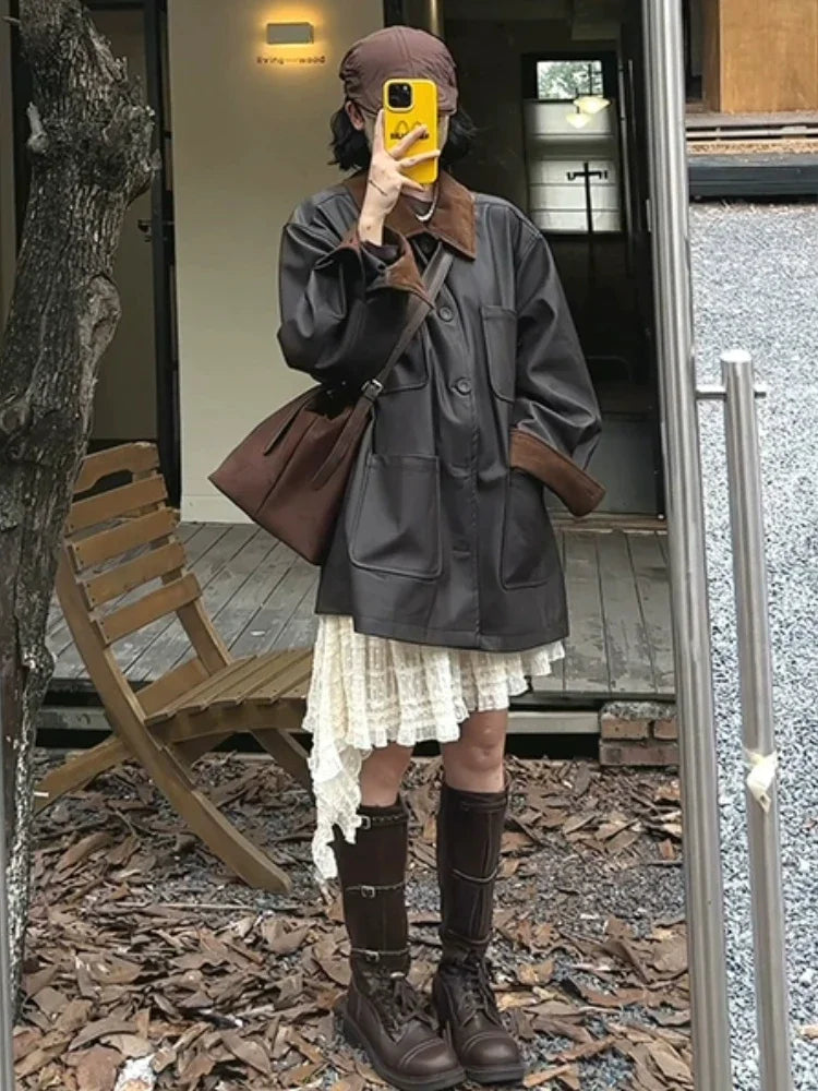 Leather Jackets for Corduroy Lapel Collar Cardigan Button Up Long Coat Autumn Winter Oversize Clothes New