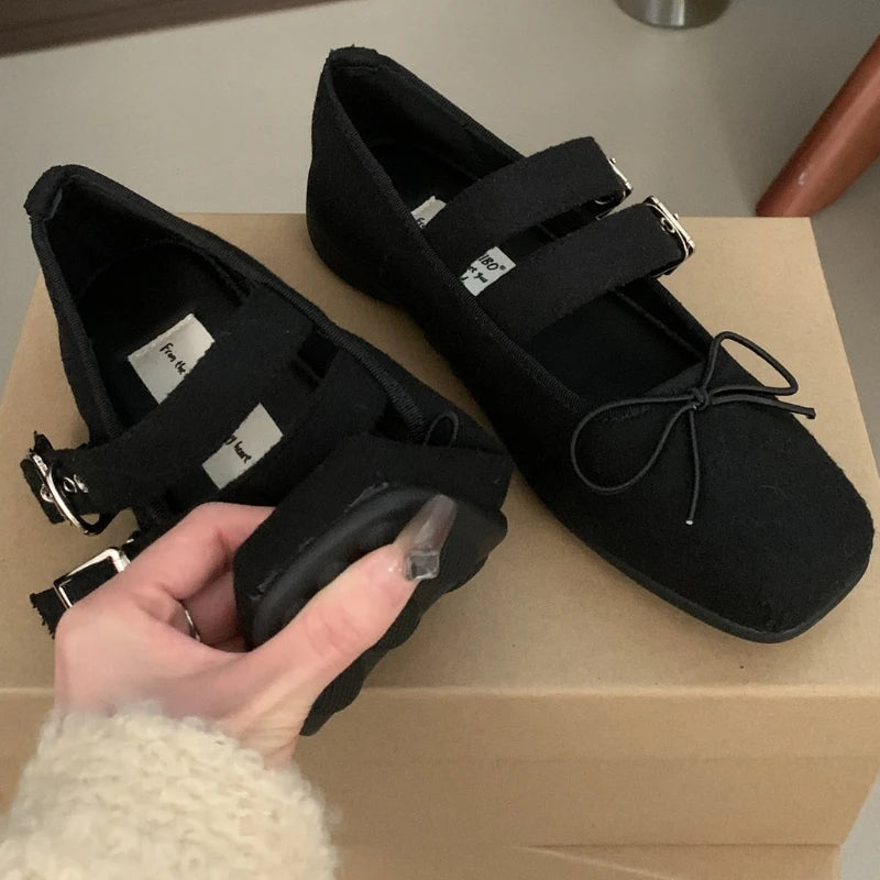 Simple Soft Bottom Buckle Flat Mary Jane Shoes Comfortable Bowknot Square Toe Designer Shoes Backless Loafer Shoes