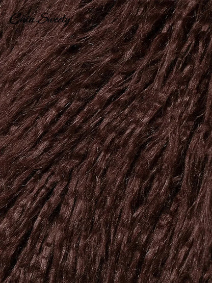 Burgundy Fur Coats Warm Thick O-neck Long Sleeve Loose Jackets Female Autumn Winter Party Outwear