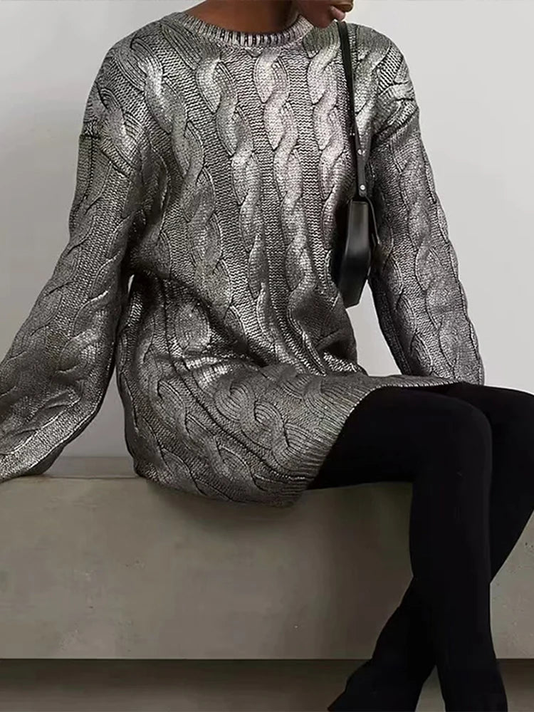 Knitted O-neck Sweater Loose Sliver Long Sleeve Pullover Sweaters Female Winter High Street Knitwear