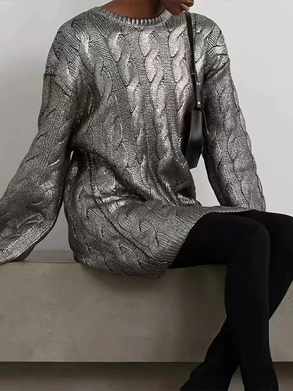 Knitted O-neck Sweater Loose Sliver Long Sleeve Pullover Sweaters Female Winter High Street Knitwear