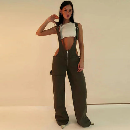 Denim Jumpsuit for Y2k Sleeveless Adjustable Straps Overalls Female Slant Pockets Jeans
