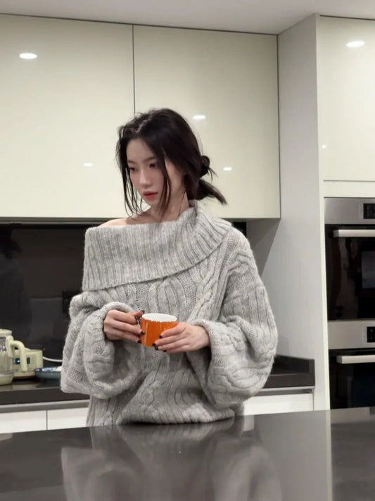 Sweet Hot Girl Loose Slash Neck Twist Sweater Retro Longsleeved Knitted Pullover Female Clothes