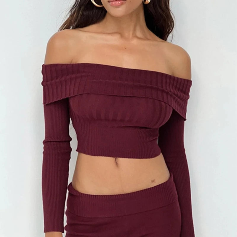 Knitted Slim Sweater Long Sleeve Off the Shoulders Pullovers Female Street Bodycon Sweaters Woman