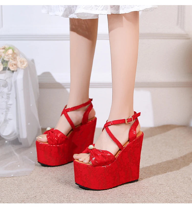 Red High Heel Wedge Shoes Sandals Platform Open Toe Heel Summer Sandals