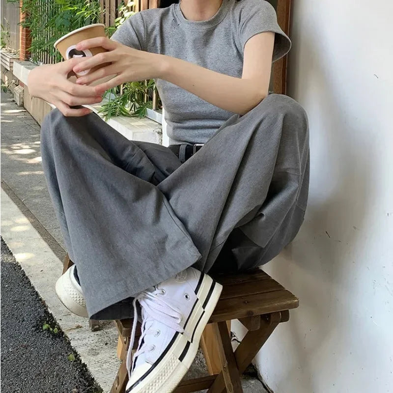 Gray Suit Pants for Oversized Korean Slack Classic Trousers Office Palazzo Loose