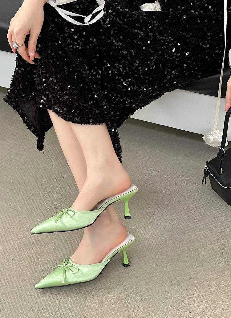 Spring New Butterflyknot Slipper Pointed Toe Slip on Mules Thin Low Heel Sandal Shoes Zapatos Mujer
