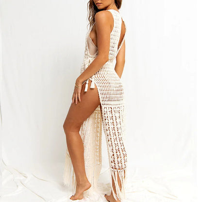 Crochet Knitted Maxi Dress Beach Cover Up Dresses Summer High Cut Tassel Dress Swimsuit Beachwear Outfits