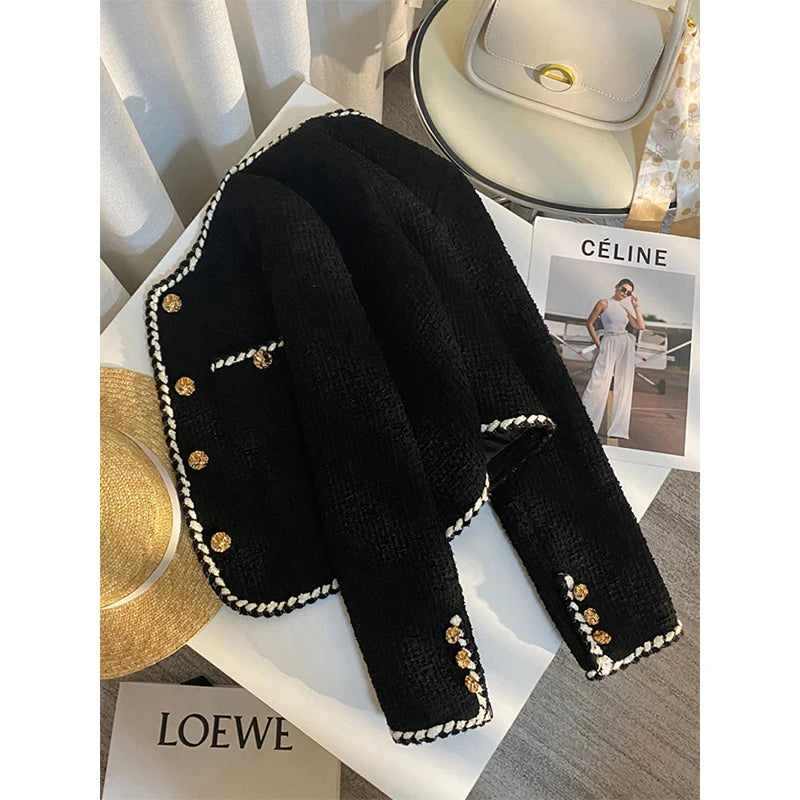 Tweed Jacket Cropped Quilted Coat Commute Black Blazer Winter Korean Short Outerwear Tops New