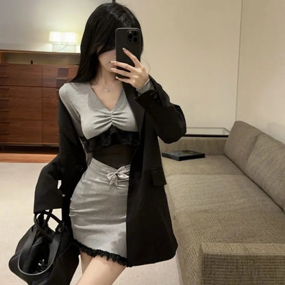 Mini Dresses Slim Ruched Hollow Lace Patchwork Bow Hollow Out Mesh V Neck Long Sleeve Dress Female