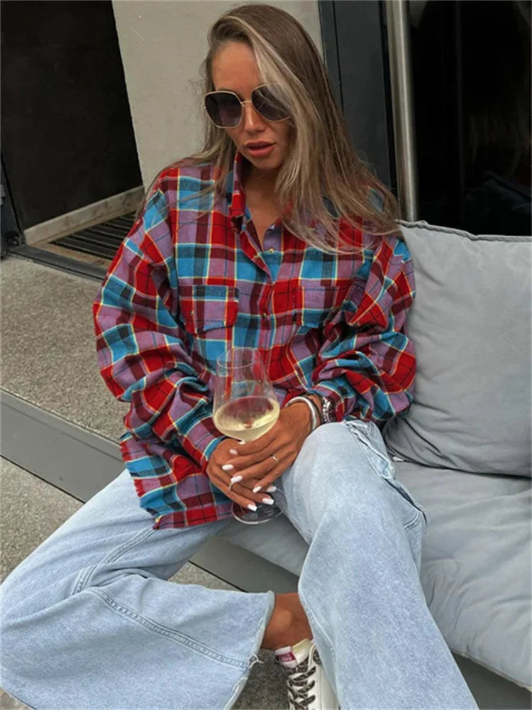 Patchwork Loose Shirts Female Patchwork Pocket Long Sleeve Contrast Autumn Outwear ’s Shirts Tee