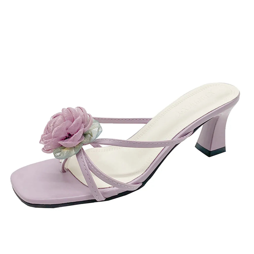 Sandals Summer Open Toe Flower Decor Slip on Thick Heels Vacation Outdoor Beach Slides Slipper Shoes Woman