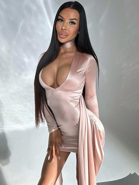 Irregular Mini Dress for Low Cut Long Sleeve Ruched Bodycon Dress Femme Club Party Dress New
