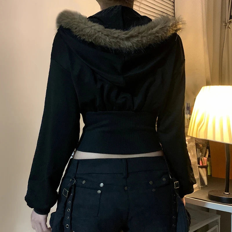 Y2k Fur Trim Hoodie Cardigan Basic Black Slim Cropped Jacket 90s Winter Zipper Coat Harajuku