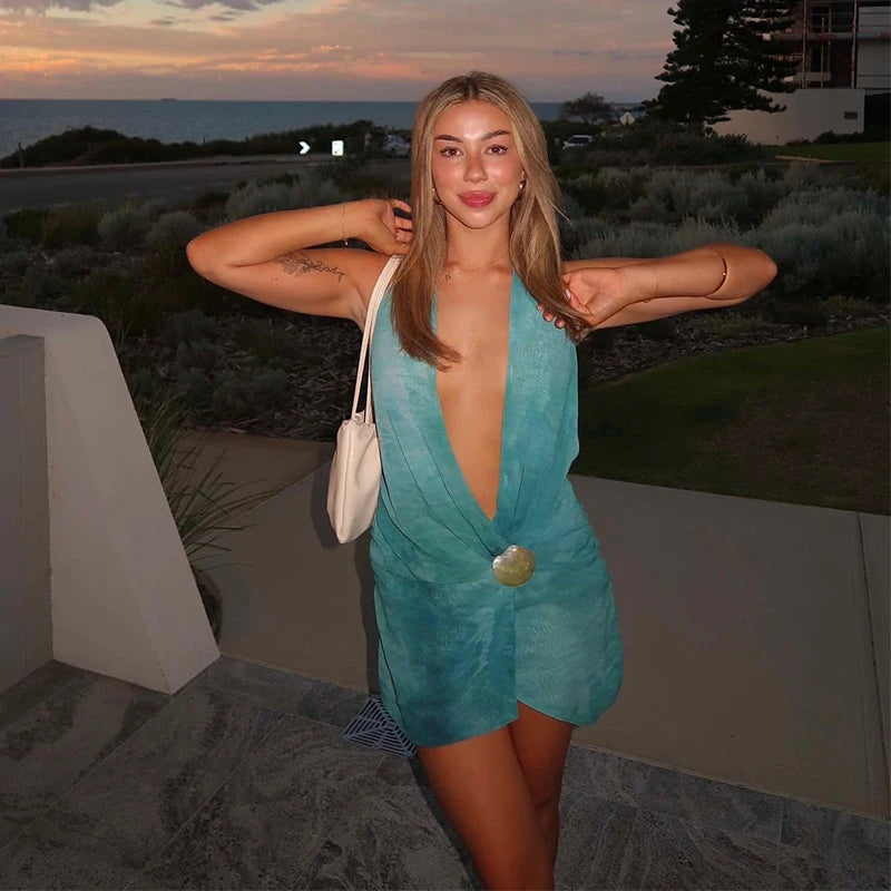 Lace-up Backless V Neck Halter Mini Dress