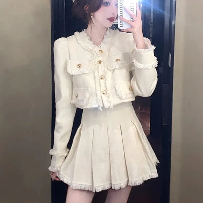 Tweed Suit 2-piece Skirt Set Autumn Winter New French Style Cropped Jacket Coat Mini Skirt Korean Female Outfits